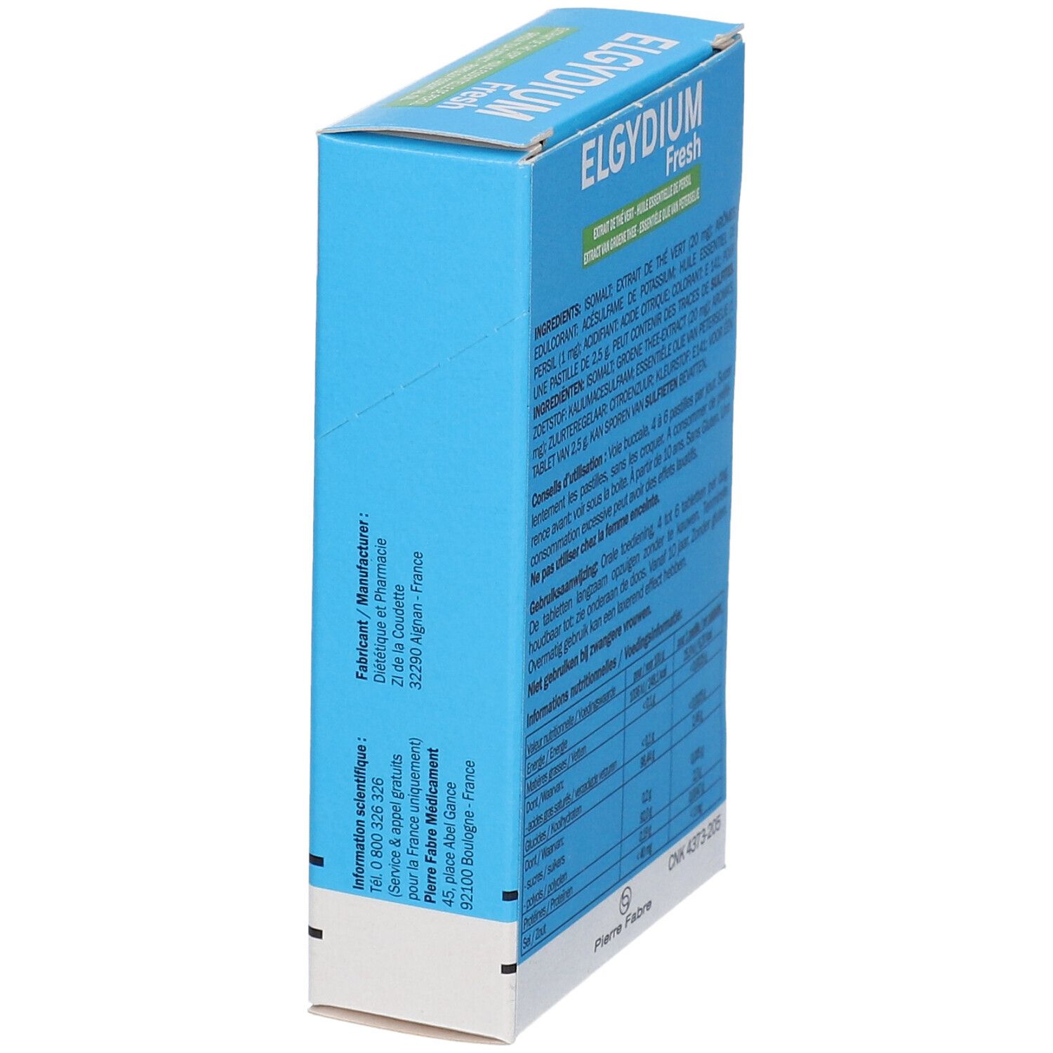 Boîte bleue avec texte et informations. Texte: ELGYDIUM Fresh, Pierre Fabre, adresse du fabricant.
