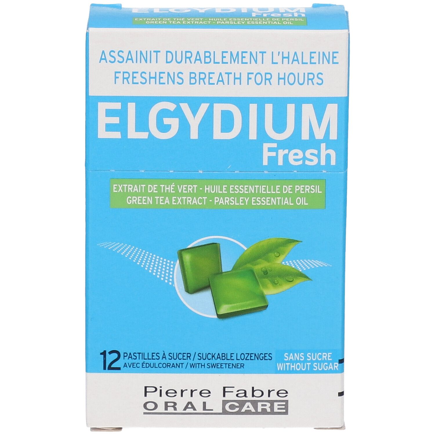 Boîte bleue avec pastilles vertes et feuilles. Inscription: ELGYDIUM Fresh, 12 pastilles, Pierre Fabre Oral Care.