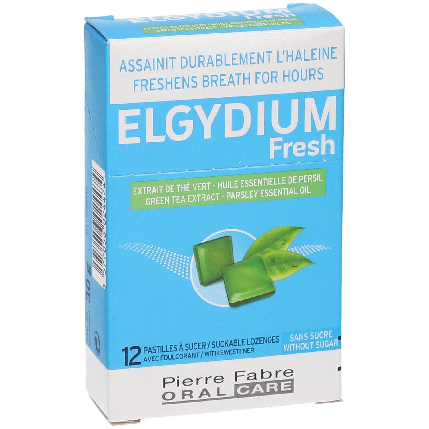 Boîte bleue avec pastilles vertes et feuilles. Inscription: ELGYDIUM Fresh, 12 pastilles, Pierre Fabre Oral Care.