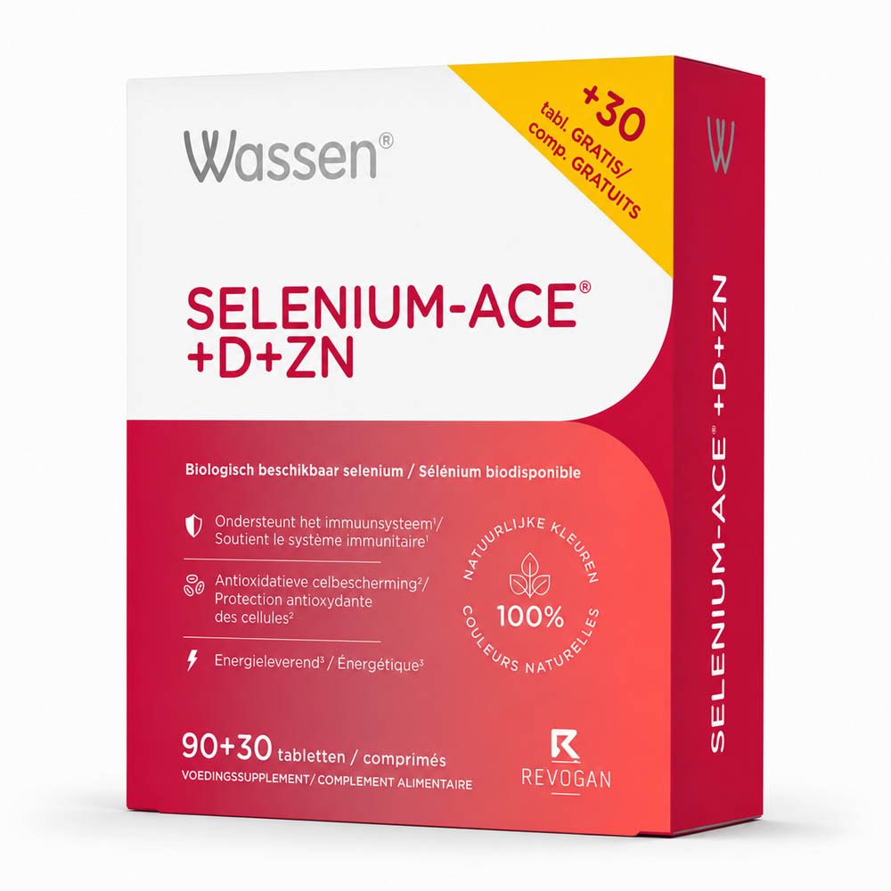Emballage Wassen Selenium-ACE+D+ZN, face avant avec nom du produit et bénéfices.