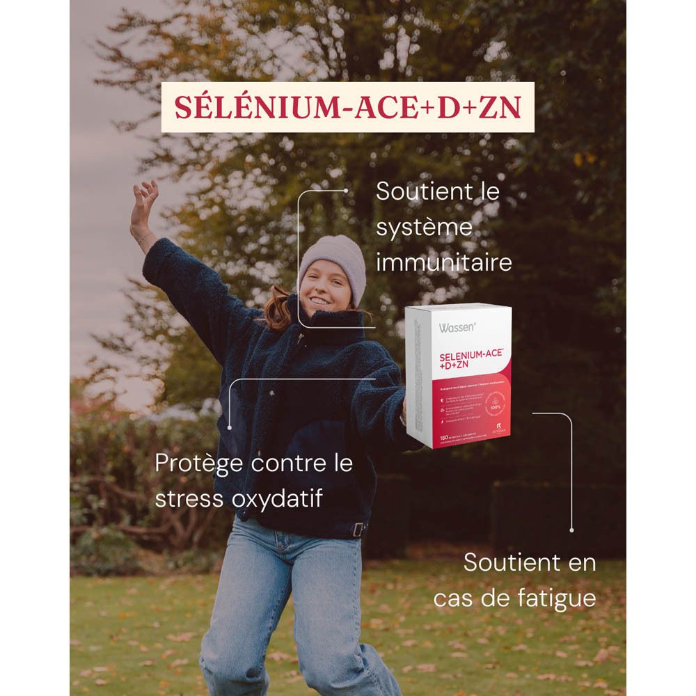 Vue latérale de l'emballage Wassen SELENIUM-ACE +D+ZN avec informations nutritionnelles détaillées.