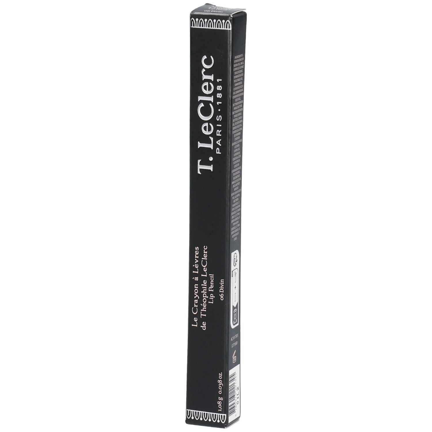 Schwarze Verpackung mit Produktinformationen. Aufschrift: T.LeClerc PARIS 1881. Enthält einen Lippenstift.
