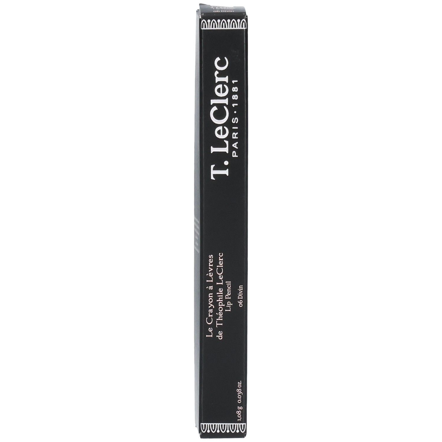 Schwarze Verpackung mit Produktinformationen. Aufschrift: T.LeClerc PARIS 1881. Enthält einen Lippenstift.