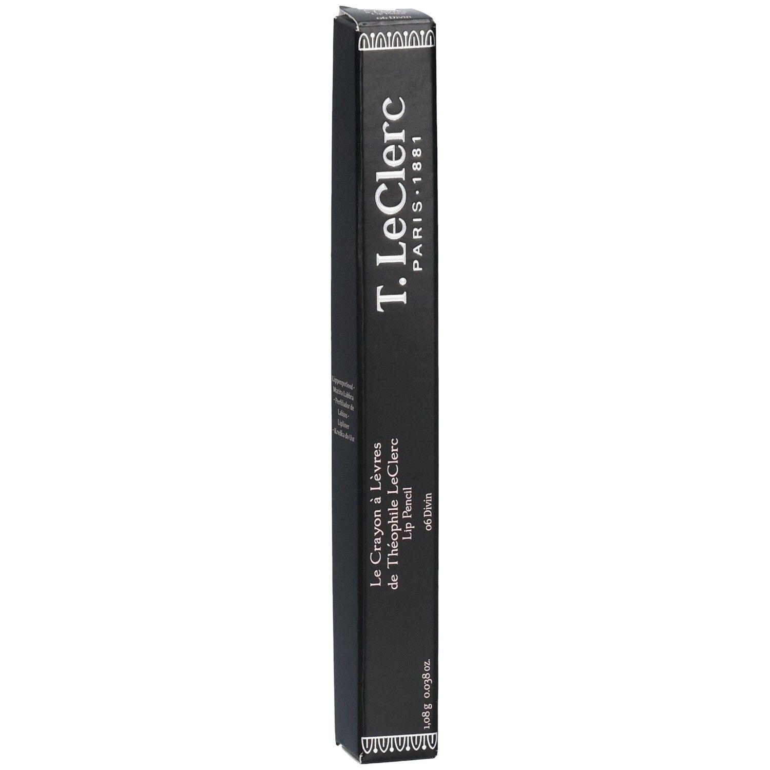 Schwarze Verpackung mit Produktinformationen. Aufschrift: T.LeClerc PARIS 1881. Enthält einen Lippenstift.