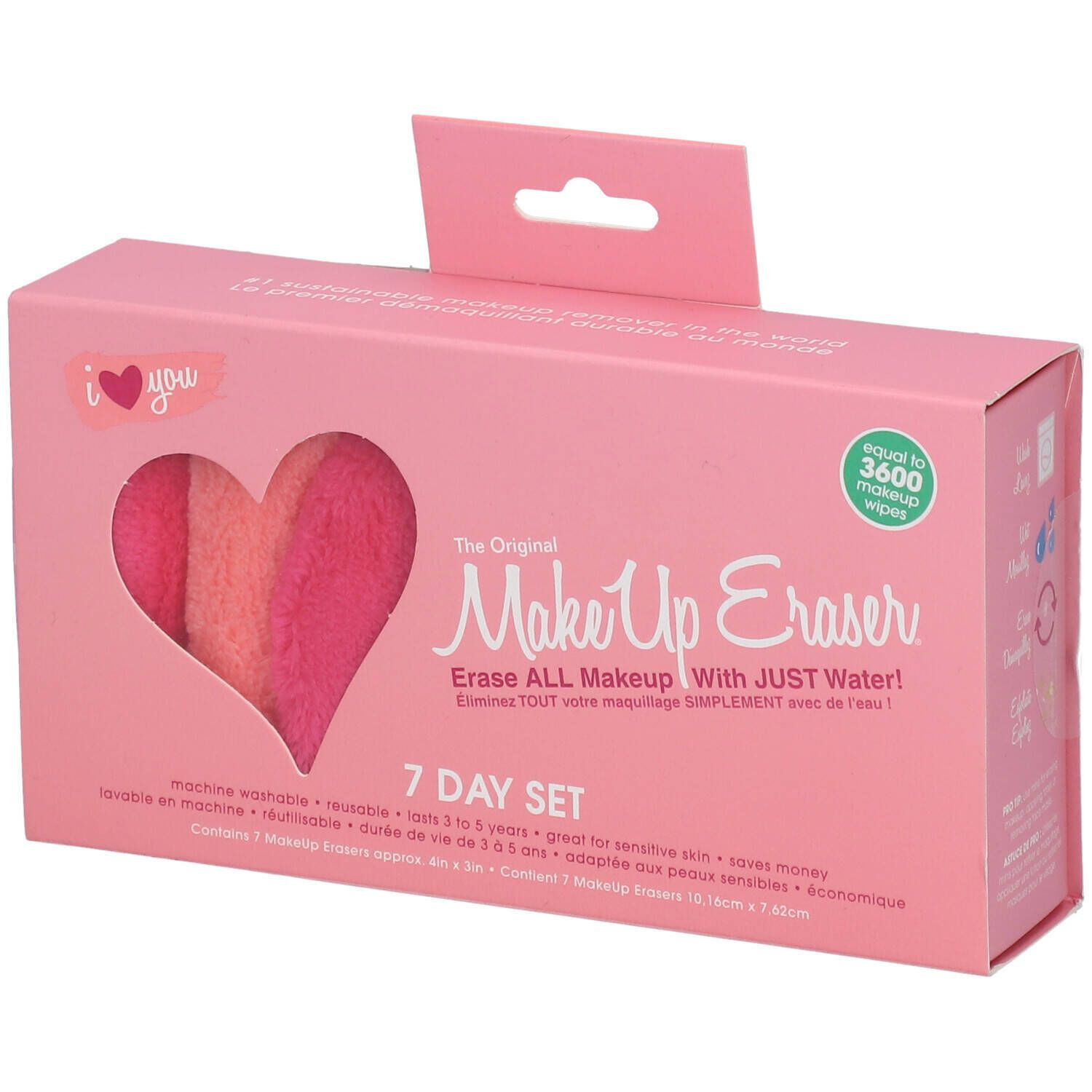 Rosa Verpackung mit herzförmigem Ausschnitt. Enthält 3 Make-up-Entferner-Tücher. Text: Make Up Eraser, 7 Day Set.