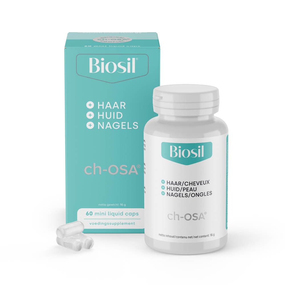 Emballage du produit avec flacon et gélules. Inscription: Biosil, Haar/Cheveux, Huid/Peau, Nagels/Ongles. ch-OSA.
