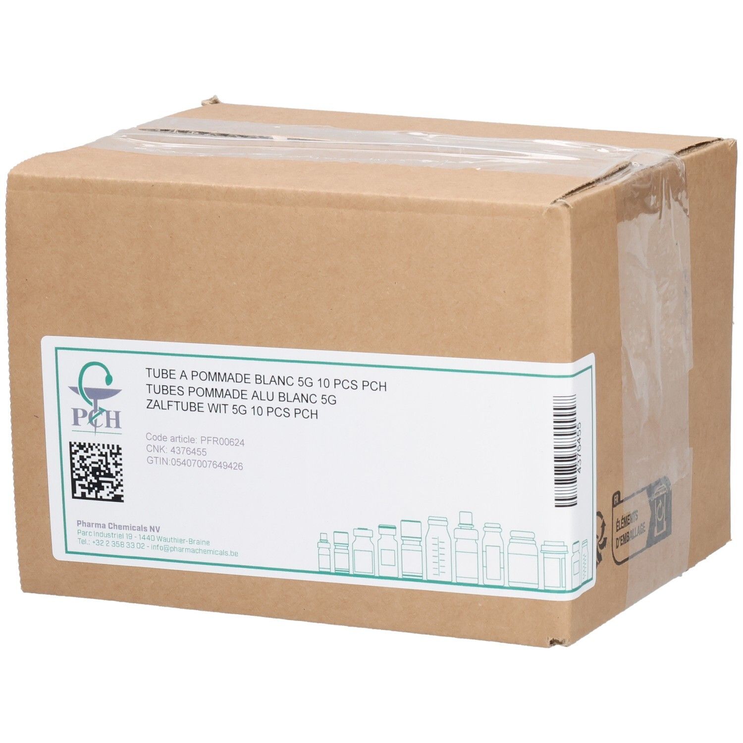 Kartonverpackung mit Aufkleber. Text: Tube à Pommade Blanc 5G 10 PCS PCH, ZALFTUBE WIT 5G 10 PCS PCH. PCH Logo.