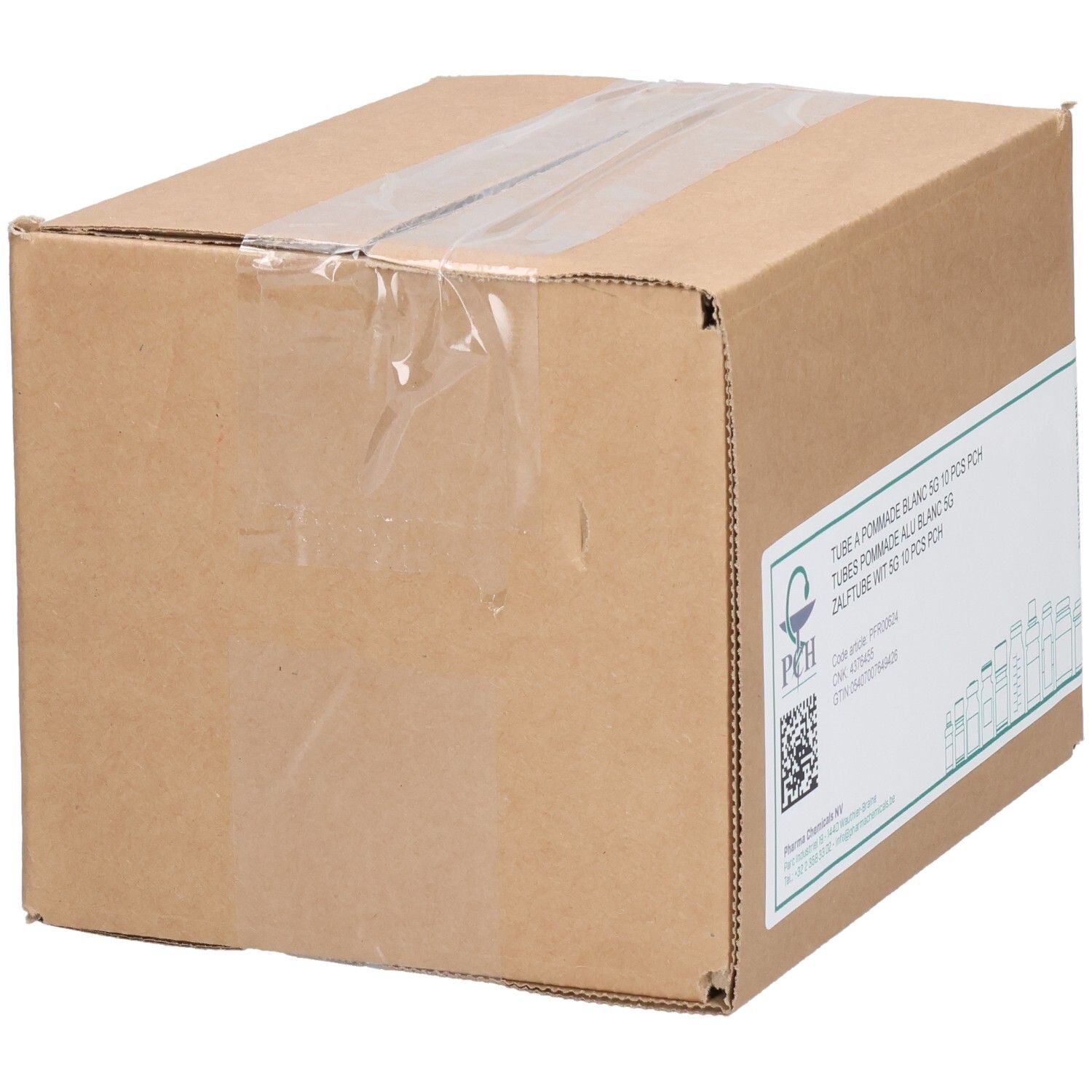 Kartonverpackung mit Aufkleber. Text: Tube à Pommade Blanc 5G 10 PCS PCH, ZALFTUBE WIT 5G 10 PCS PCH. PCH Logo.