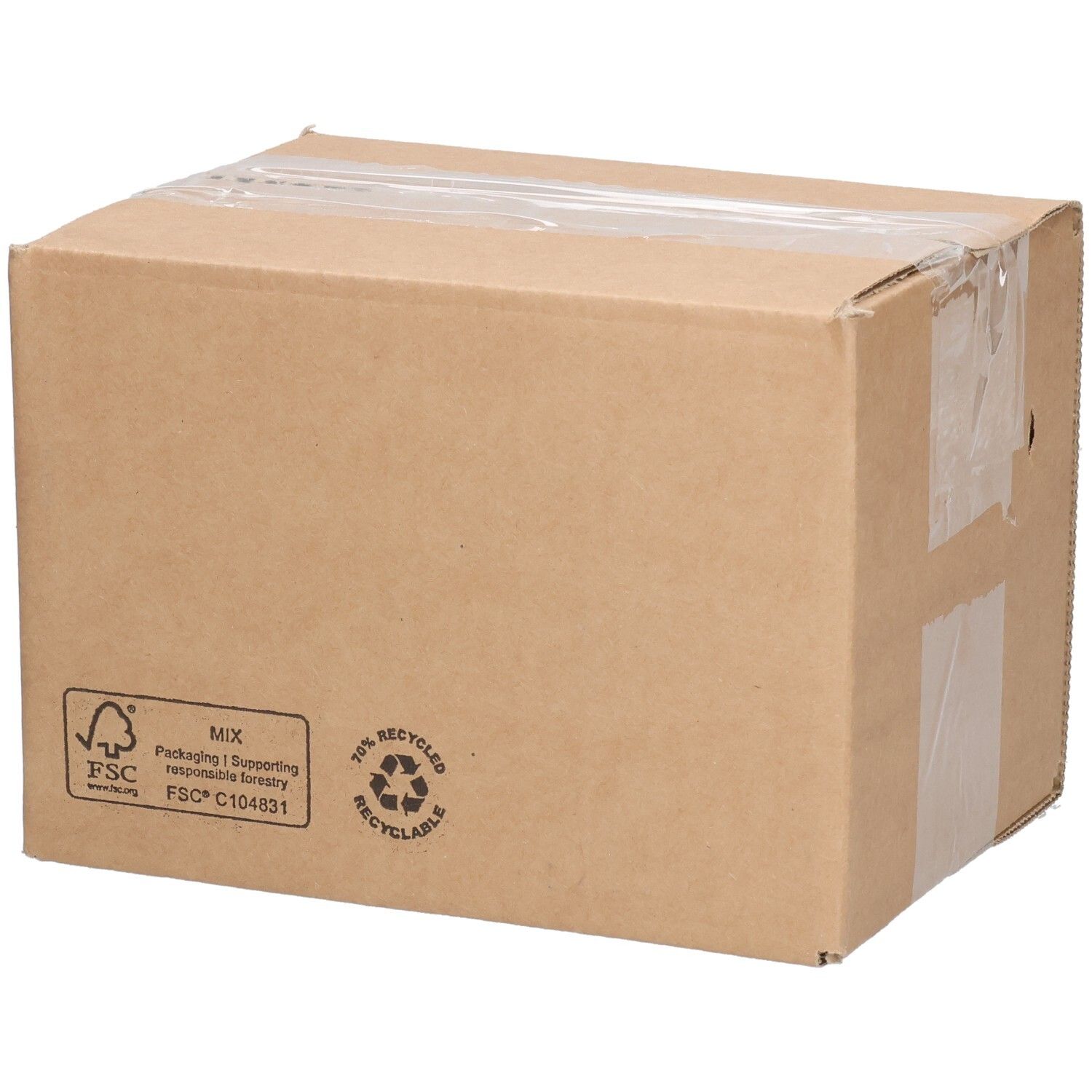 Kartonverpackung mit FSC-Logo und Recycling-Symbol. Aufkleber mit Text: MIX, FSC C104831.