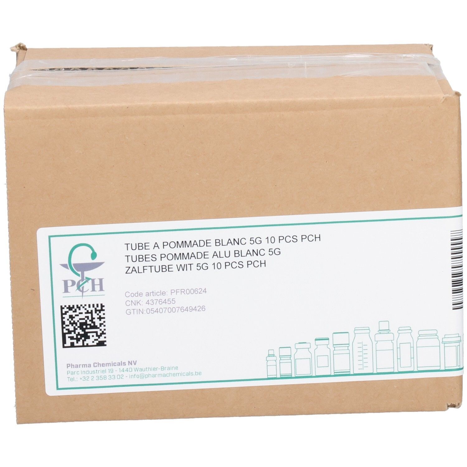 Kartonverpackung mit Aufkleber. Text: Tube à Pommade Blanc 5G 10 PCS PCH, ZALFTUBE WIT 5G 10 PCS PCH. PCH Logo.