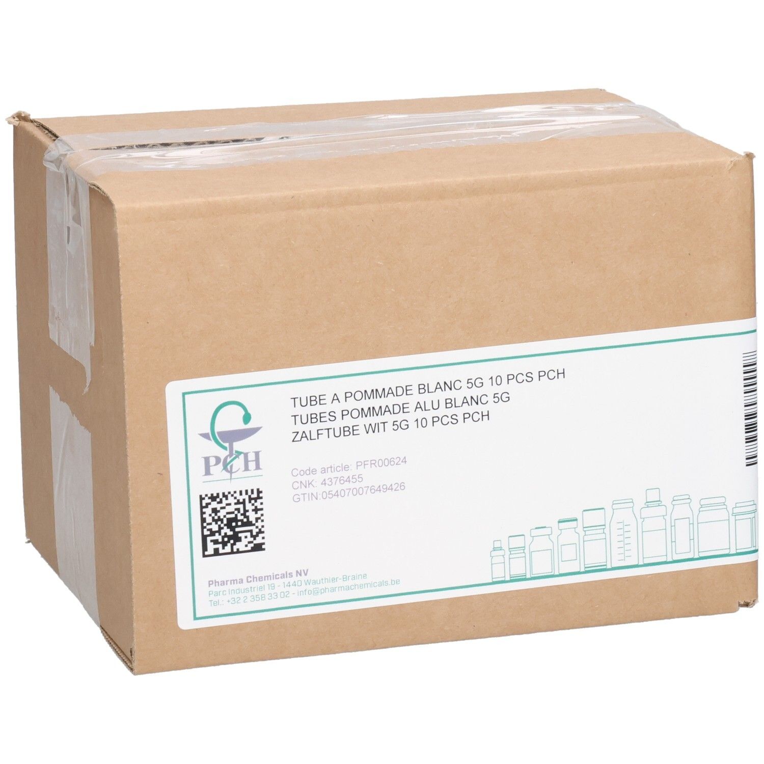 Kartonverpackung mit Aufkleber. Text: Tube à Pommade Blanc 5G 10 PCS PCH, ZALFTUBE WIT 5G 10 PCS PCH. PCH Logo.