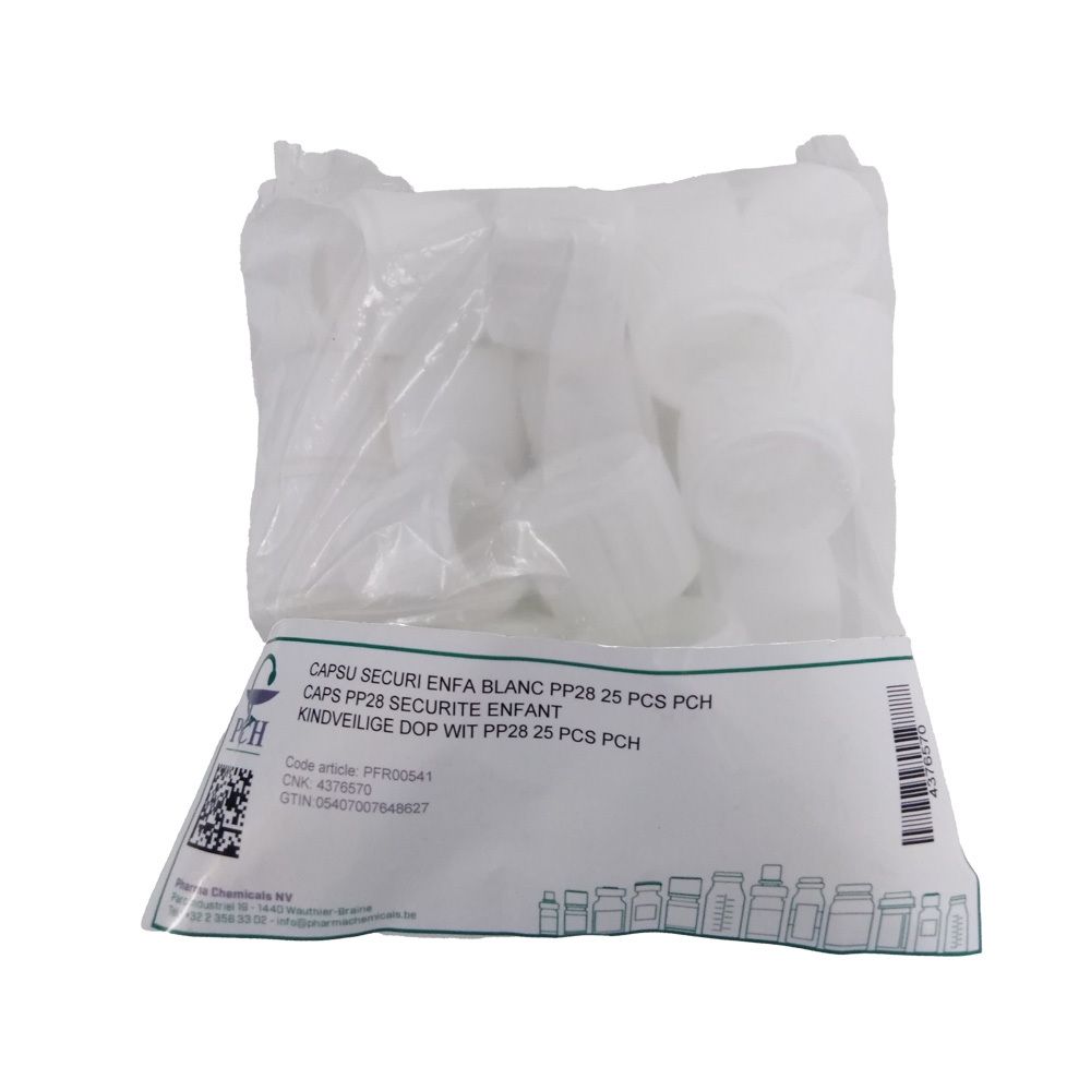 Beutel mit weißen PP28 Sicherheitskappen für Kinder. Aufschrift: CAPS SECURI ENFA BLANC PP28 25 PCS PCH.