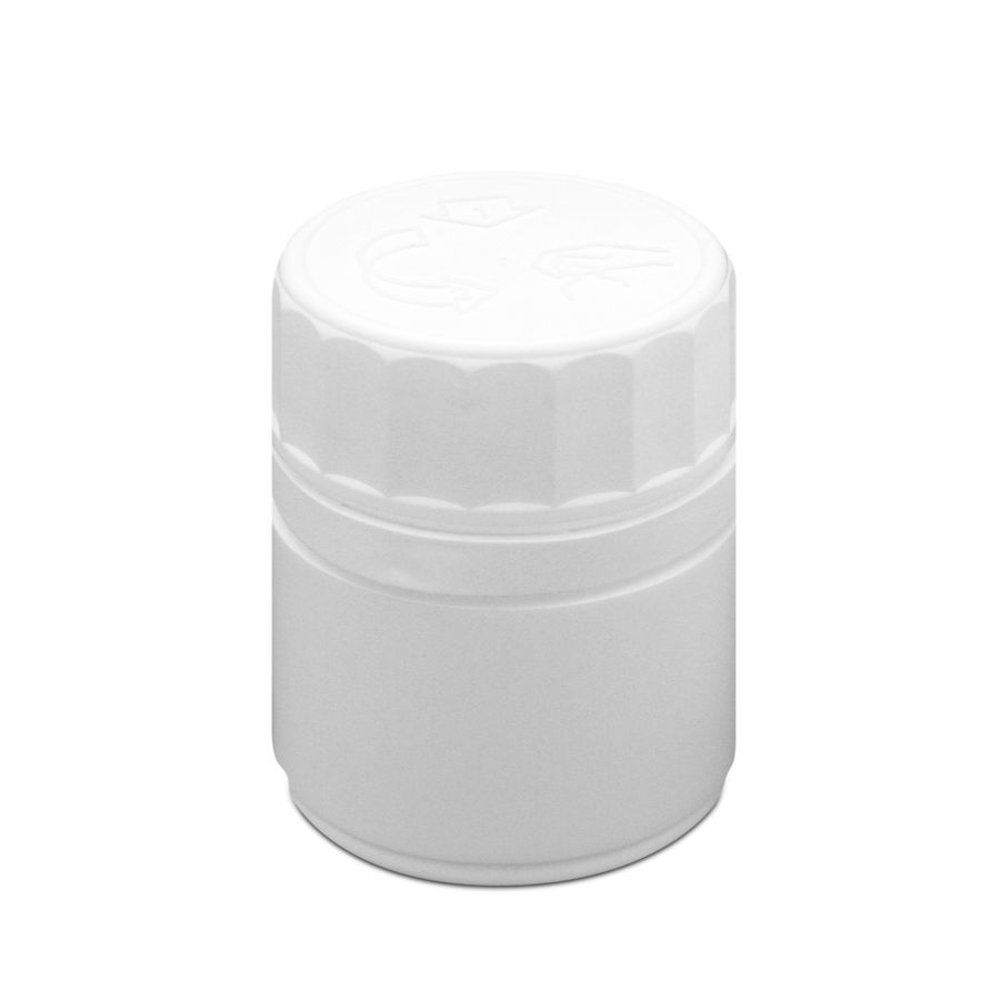 Un pot blanc de 30 ml avec bouchon sécurité enfant, vu de face.