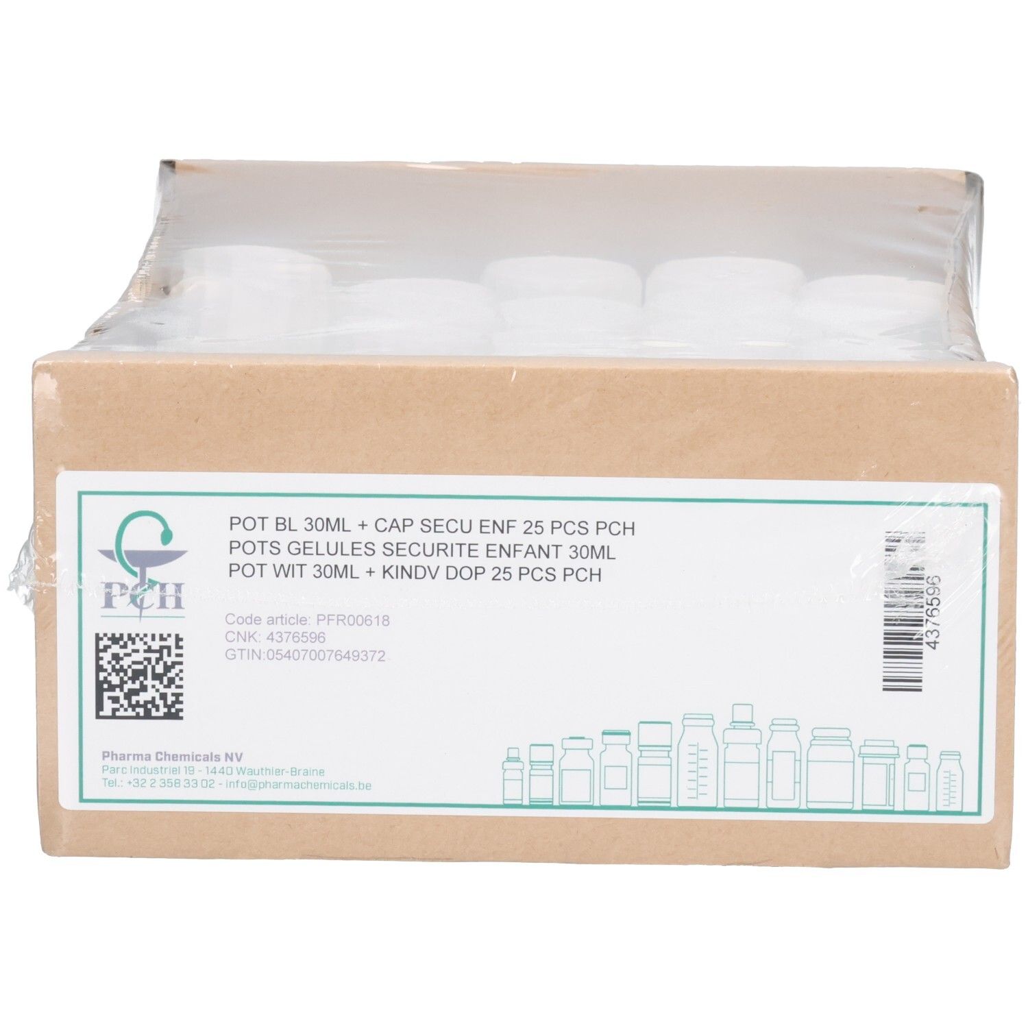 Kartonverpackung mit 25 weißen Kapselbehältern mit Kindersicherung, 30 ml.