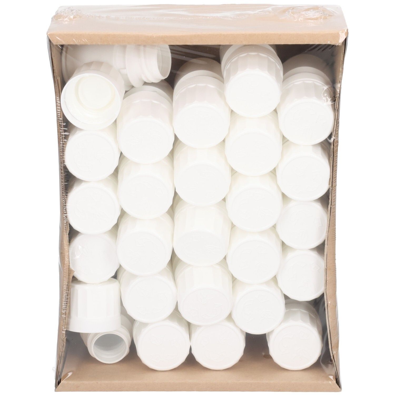 25 weiße Kapselbehälter mit Kindersicherung, 30 ml, in einer offenen Kartonverpackung.