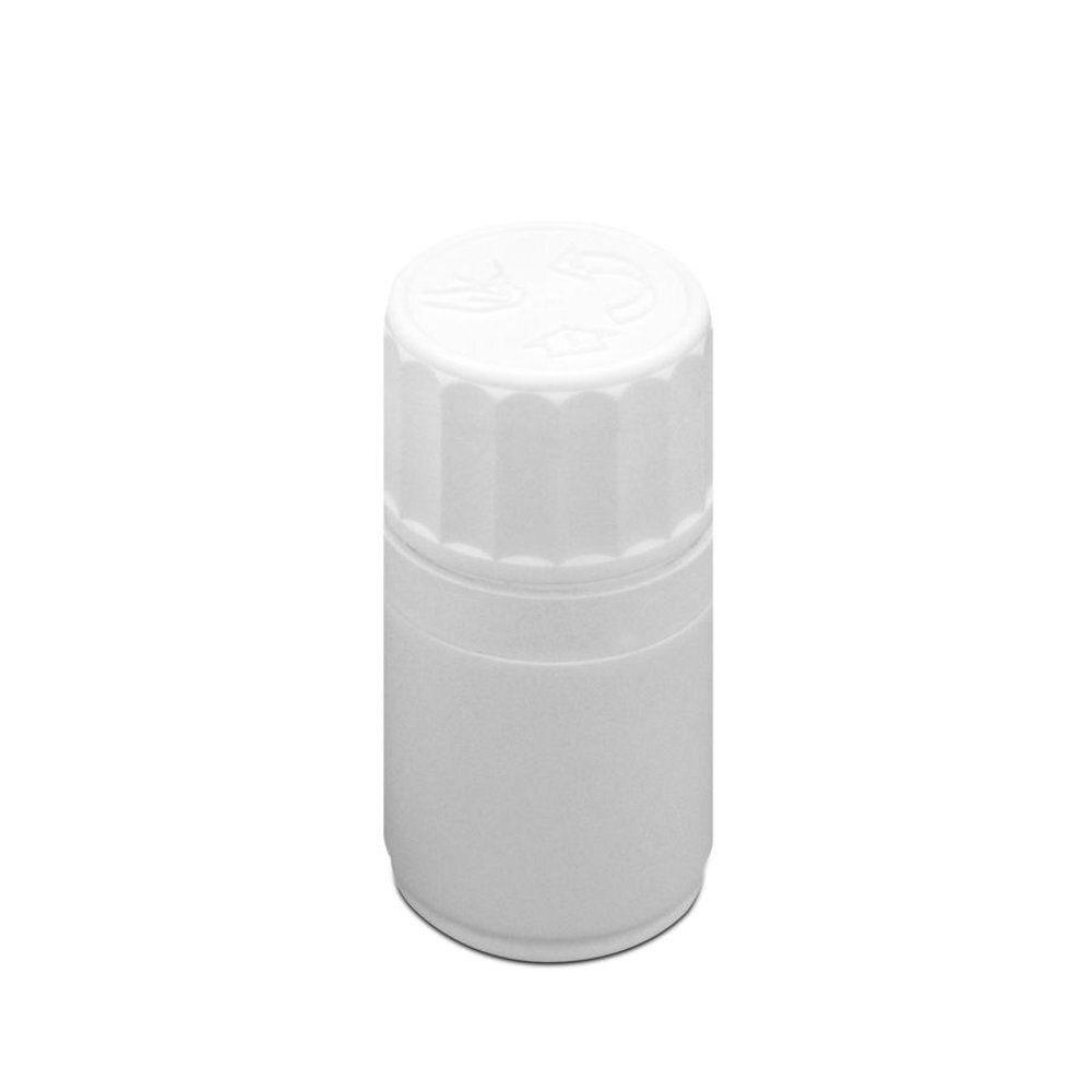 Un pot blanc de 30 ml avec bouchon sécurité enfant, vu de face.