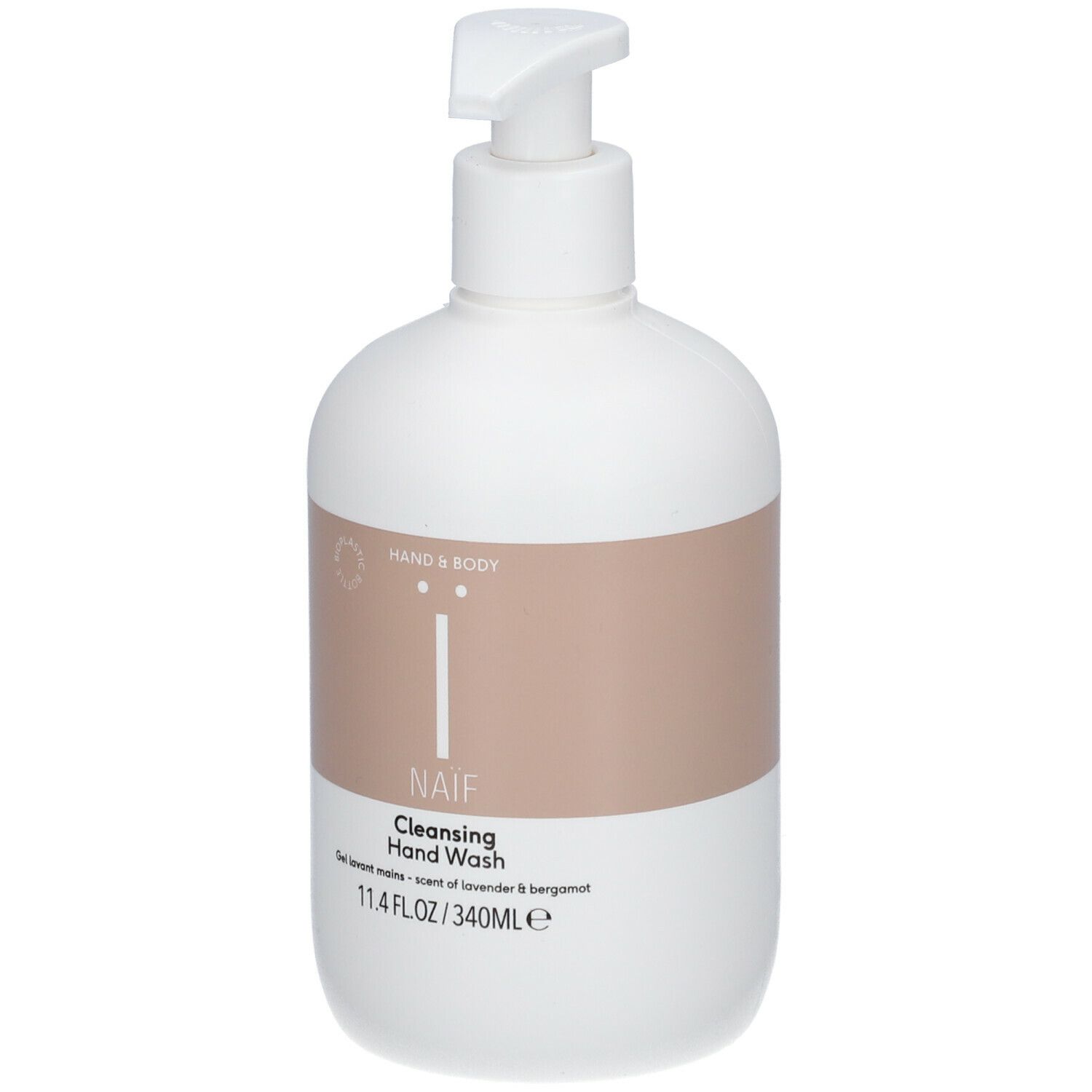 Flacon blanc avec pompe. Inscription : NAIF, Cleansing Hand Wash. Bande colorée avec texte. 11.4 FL.OZ/340ml.