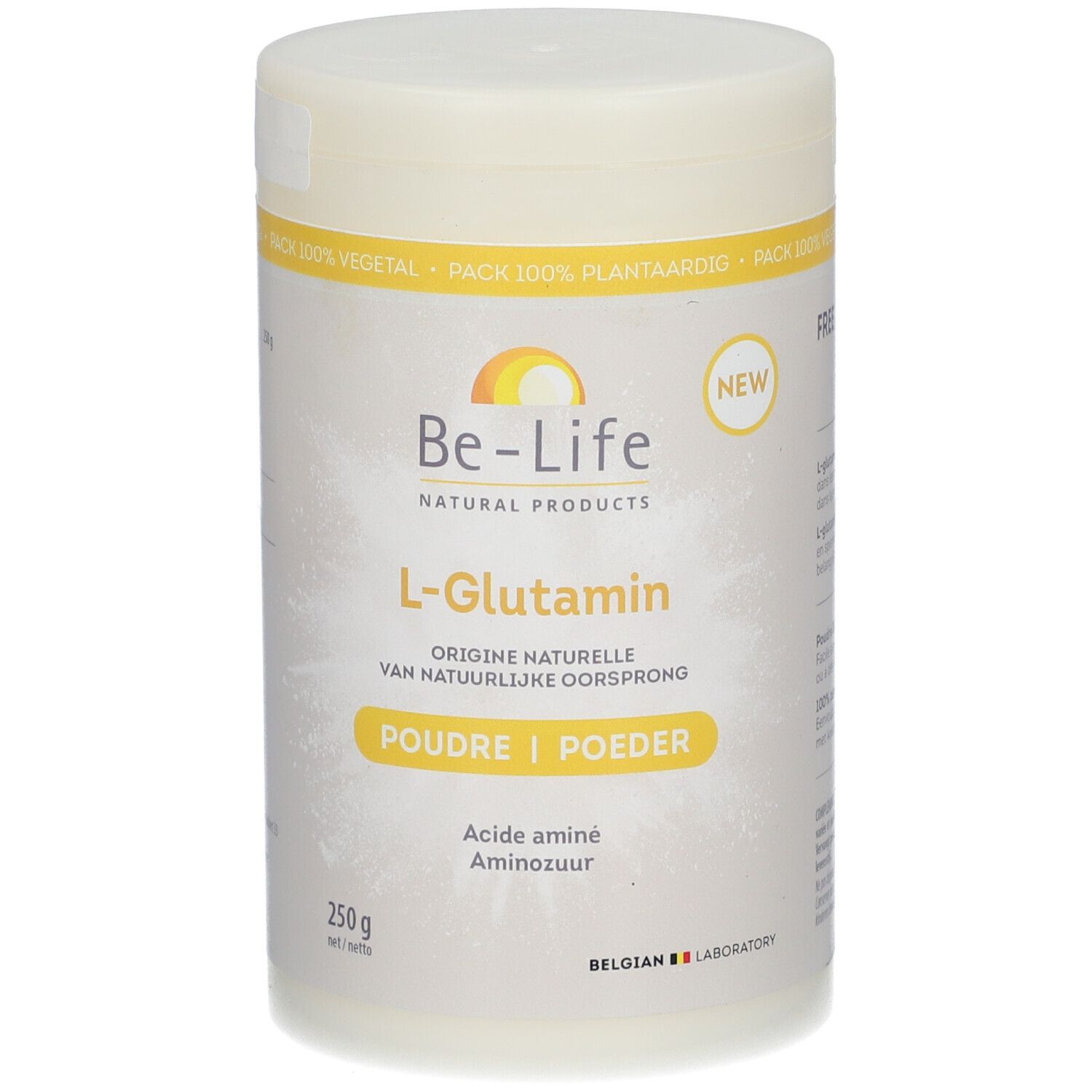 Behälter mit Be-Life L-Glutamin-Pulver. Weißer Behälter mit gelben Akzenten. Aufschrift: L-Glutamin, Poudre/Poeder, 250g.