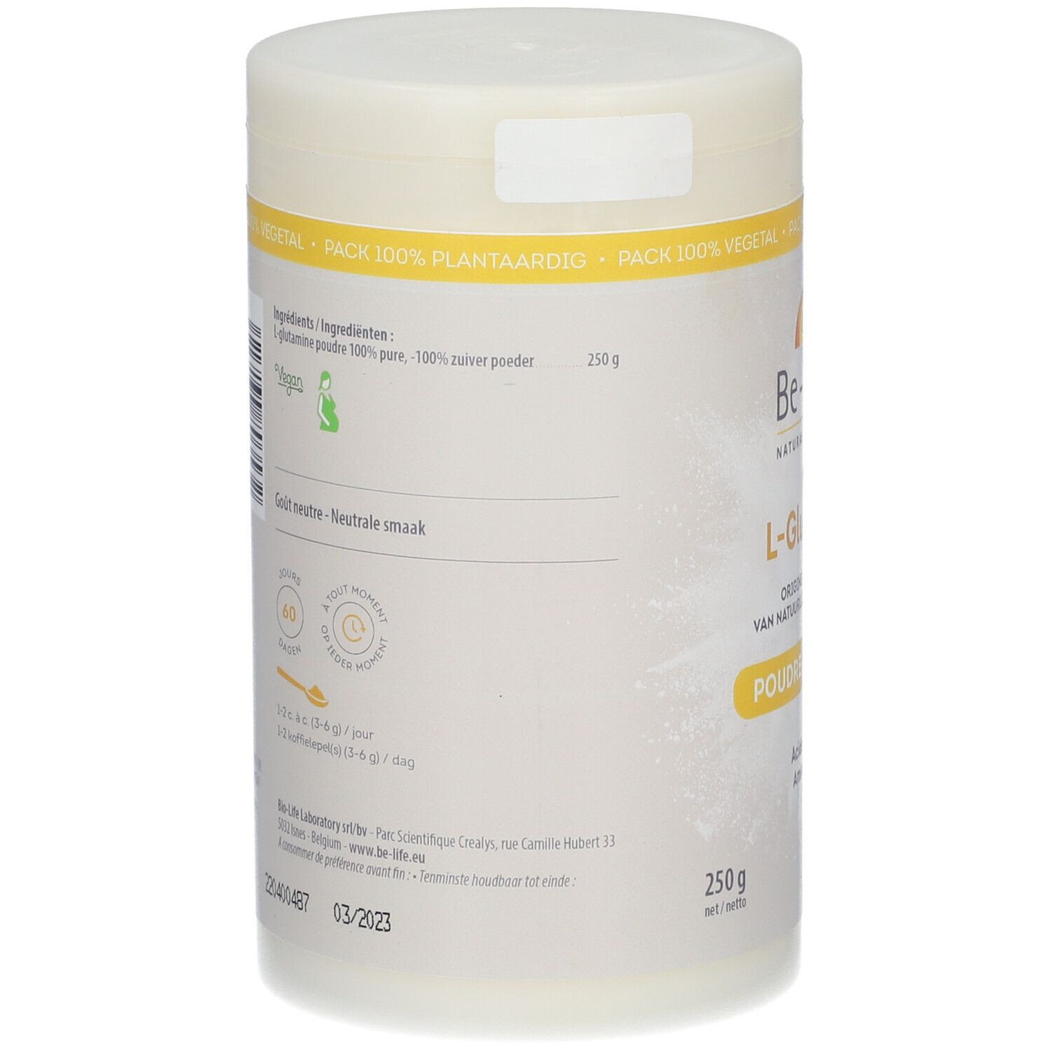 Rückseite des Be-Life L-Glutamin-Behälters. Enthält Informationen zu Inhaltsstoffen, Vegan-Logo, Dosierungsempfehlung und Herstelleradresse.