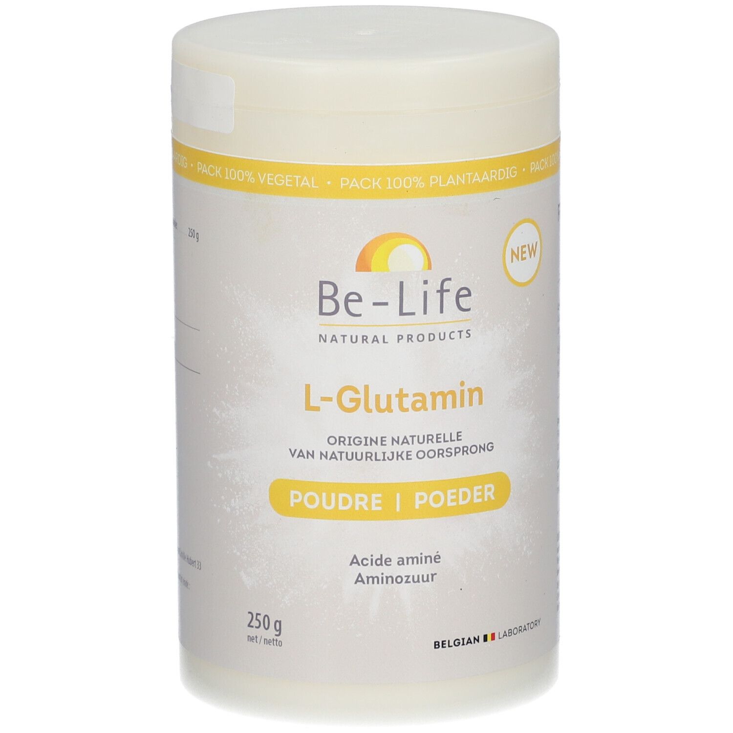 Behälter mit Be-Life L-Glutamin-Pulver. Weißer Behälter mit gelben Akzenten. Aufschrift: L-Glutamin, Poudre/Poeder, 250g.