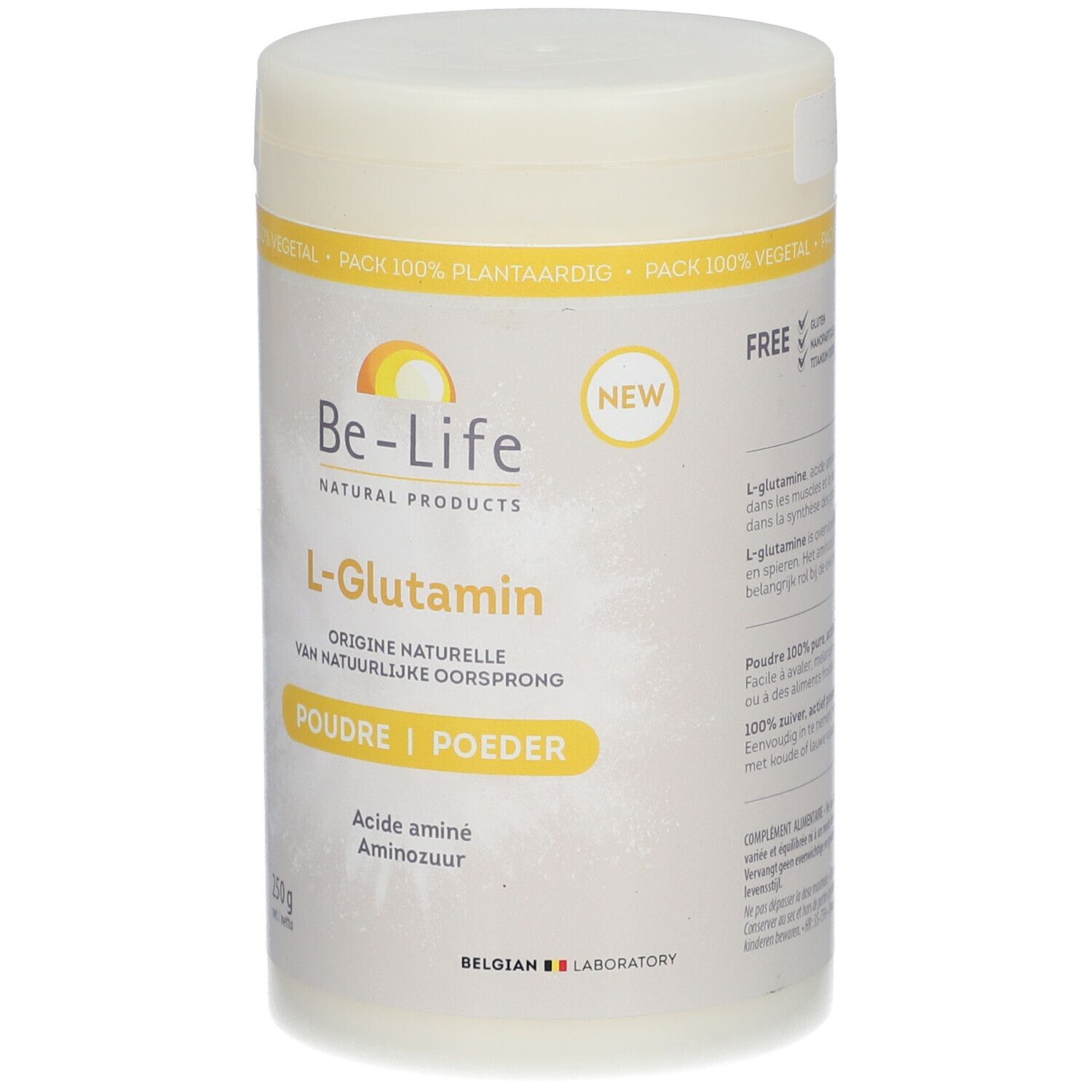 Behälter mit Be-Life L-Glutamin-Pulver. Weißer Behälter mit gelben Akzenten. Aufschrift: L-Glutamin, Poudre/Poeder, 250g.
