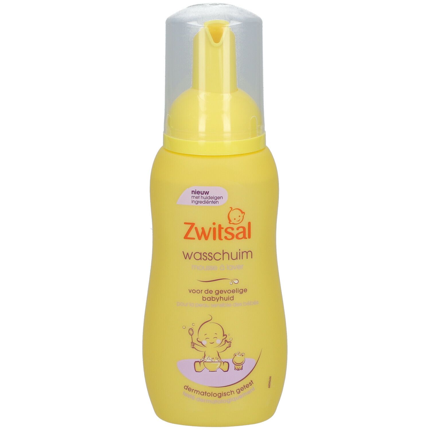 Gelbe Flasche mit Dosierpumpe. Aufschrift: Zwitsal Waschschaum. Für empfindliche Babyhaut. Dermatologisch getestet.