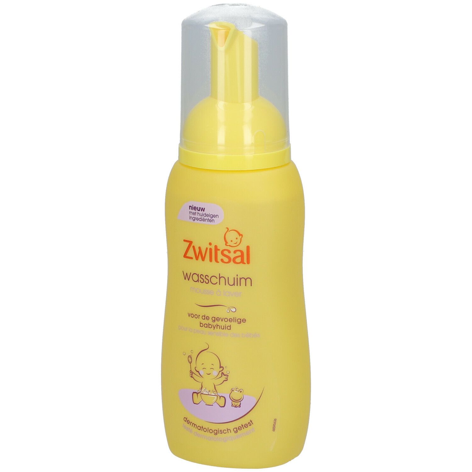 Gelbe Flasche mit Dosierpumpe. Aufschrift: Zwitsal Waschschaum. Für empfindliche Babyhaut. Dermatologisch getestet.