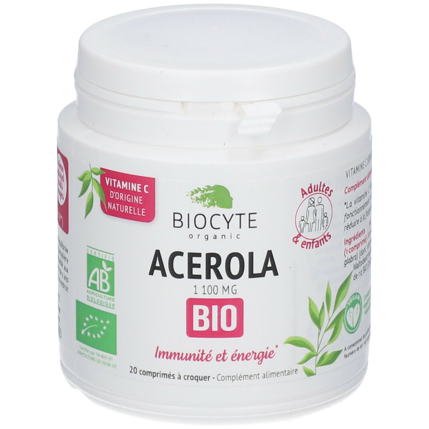 Pot blanc BIOCYTE Acerola. Inscription: 1100 mg, BIO, Immunité et énergie. 20 comprimés à croquer. Label AB Bio.