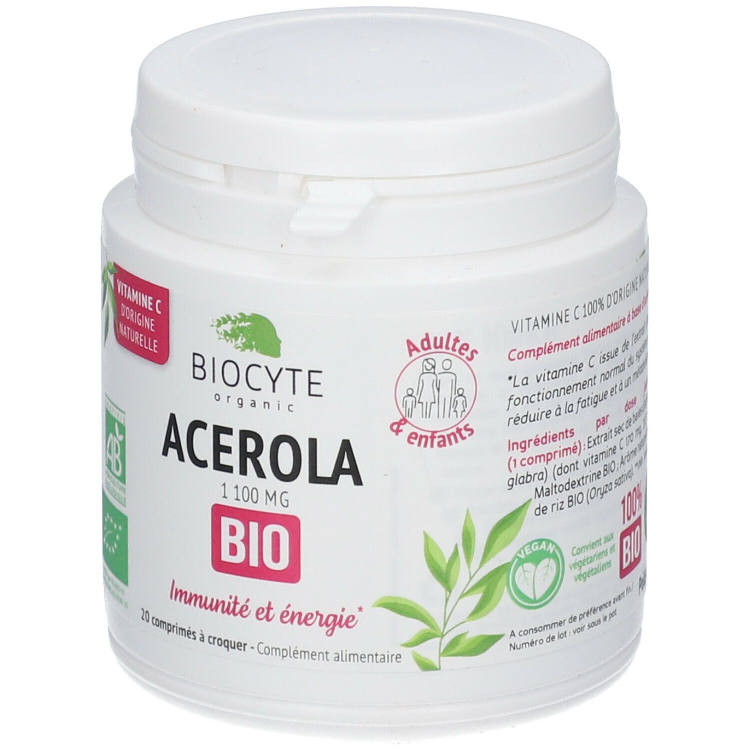 Pot blanc BIOCYTE Acerola. Inscription: 1100 mg, BIO, Immunité et énergie. 20 comprimés à croquer. Label Vegan.