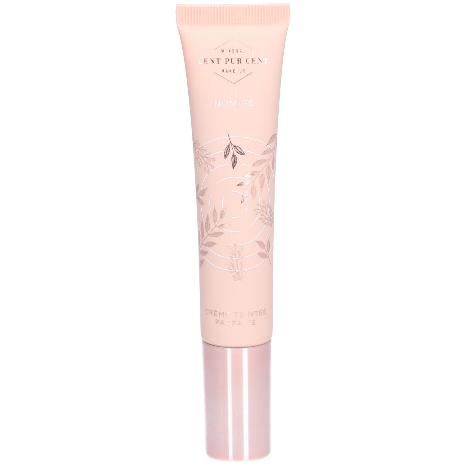 Rosa Tube mit CC Cream. Aufschrift: Cent Pur Cent, Nomige. Floral Muster. Rosa Verschluss.