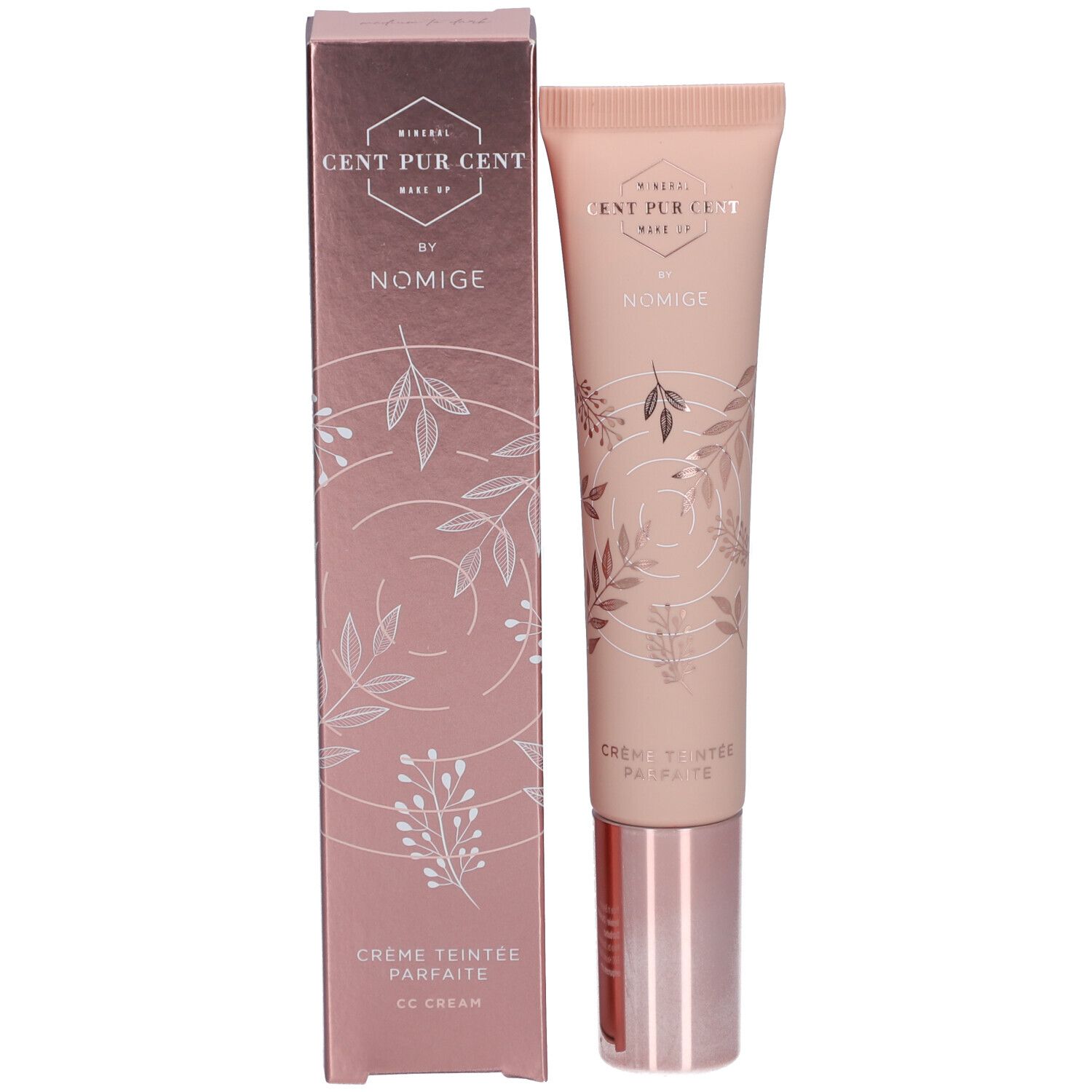 Produktverpackung mit Tube. Aufschrift: Cent Pur Cent by Nomige. CC Cream. Rosa Karton mit floralem Muster.