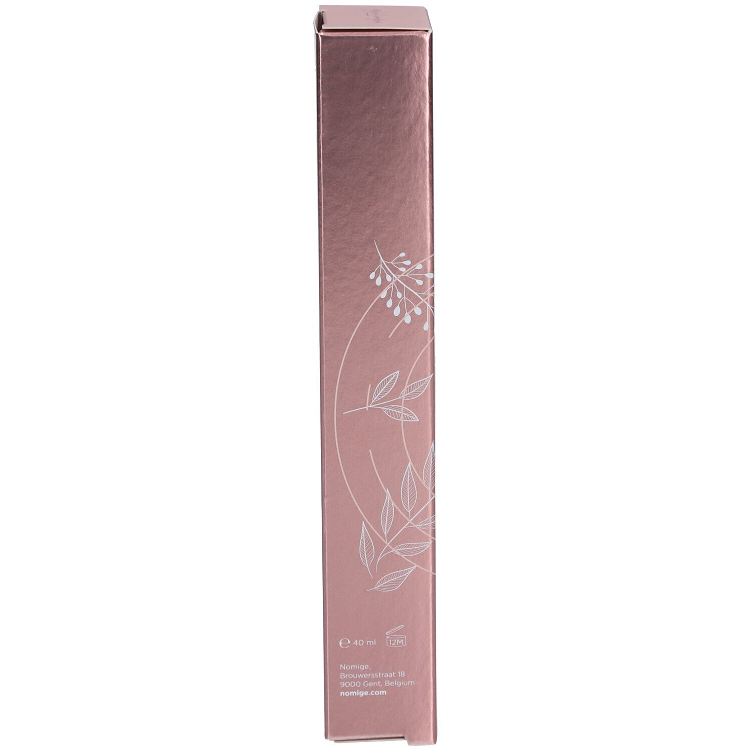 Rosa Kartonverpackung. Floral Muster. Aufschrift: Nomige. Text und Informationen.