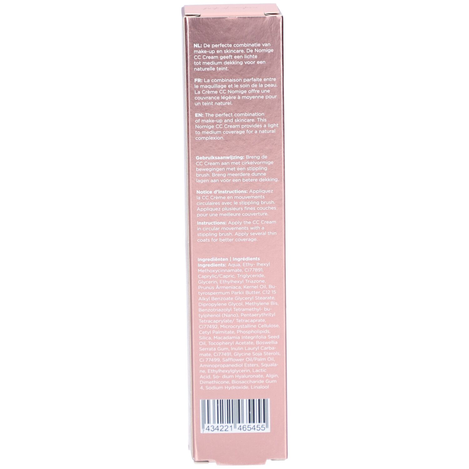 Rückseite der Kartonverpackung. Text in mehreren Sprachen. Inhaltsstoffe und Informationen.
