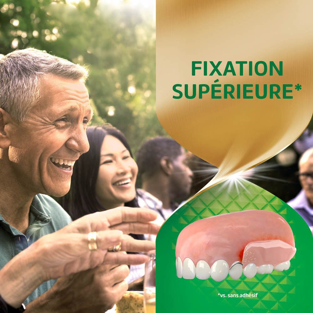 Personnes souriantes. Prothèse dentaire avec adhésif. Texte: FIXATION SUPÉRIEURE.