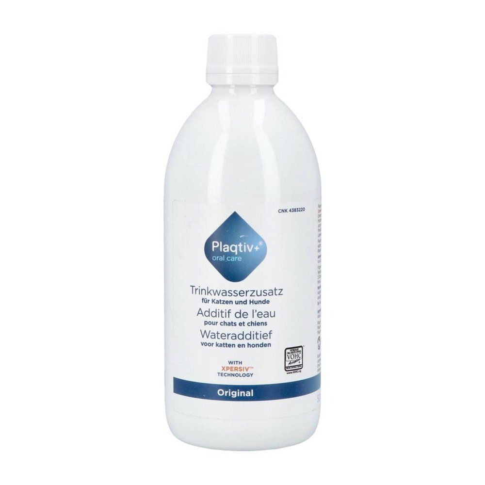 Bouteille blanche avec Plaqtiv+ additif pour l'eau pour chiens et chats. Original.