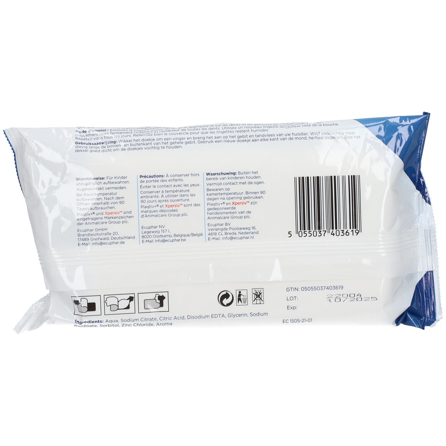 Rückseite der Plaqtiv+ Zahnpflegetücher Packung mit Barcode und Inhaltsstoffen.