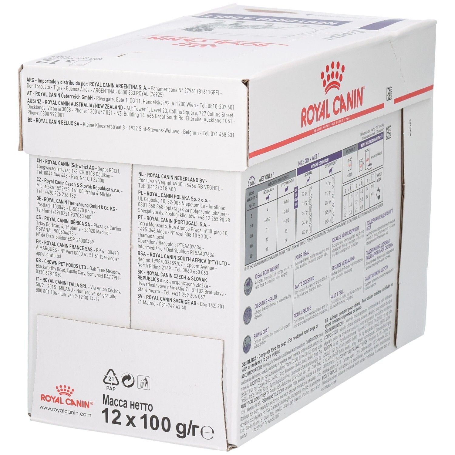 Seitenansicht des Royal Canin Neutered Adult Kartons mit Adressinformationen und Produktbezeichnung.
