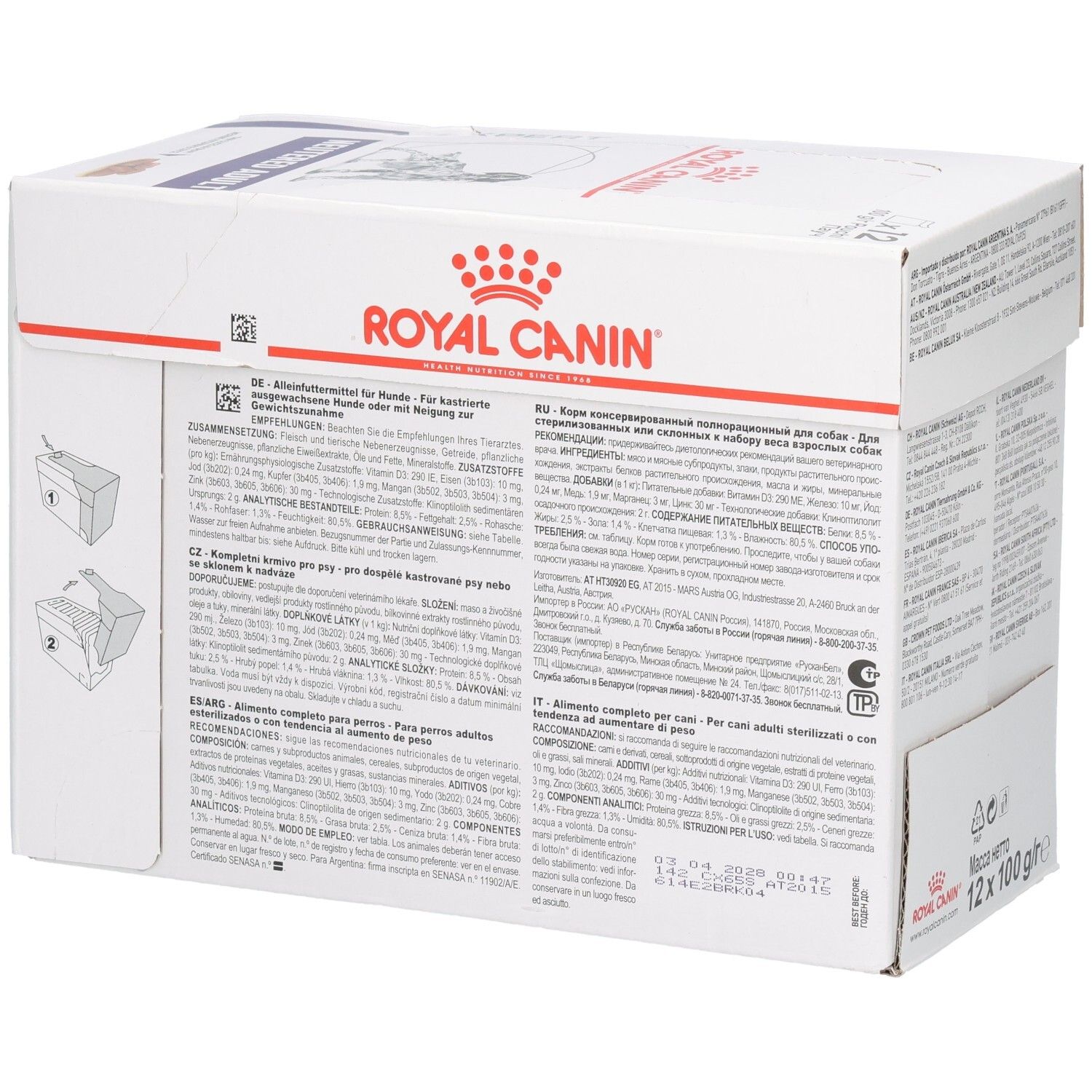 Vorderseite des Royal Canin Neutered Adult Kartons mit Hundebild und Produktinformationen.