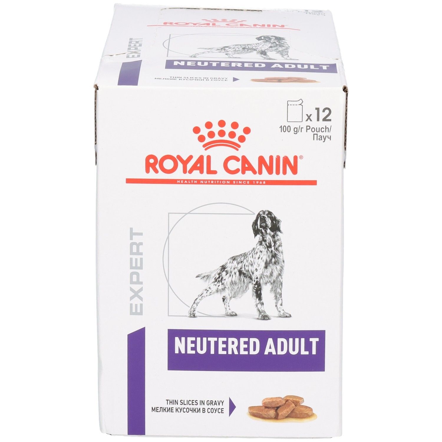 Vorderseite des Royal Canin Neutered Adult Kartons mit Hundebild und Produktinformationen.