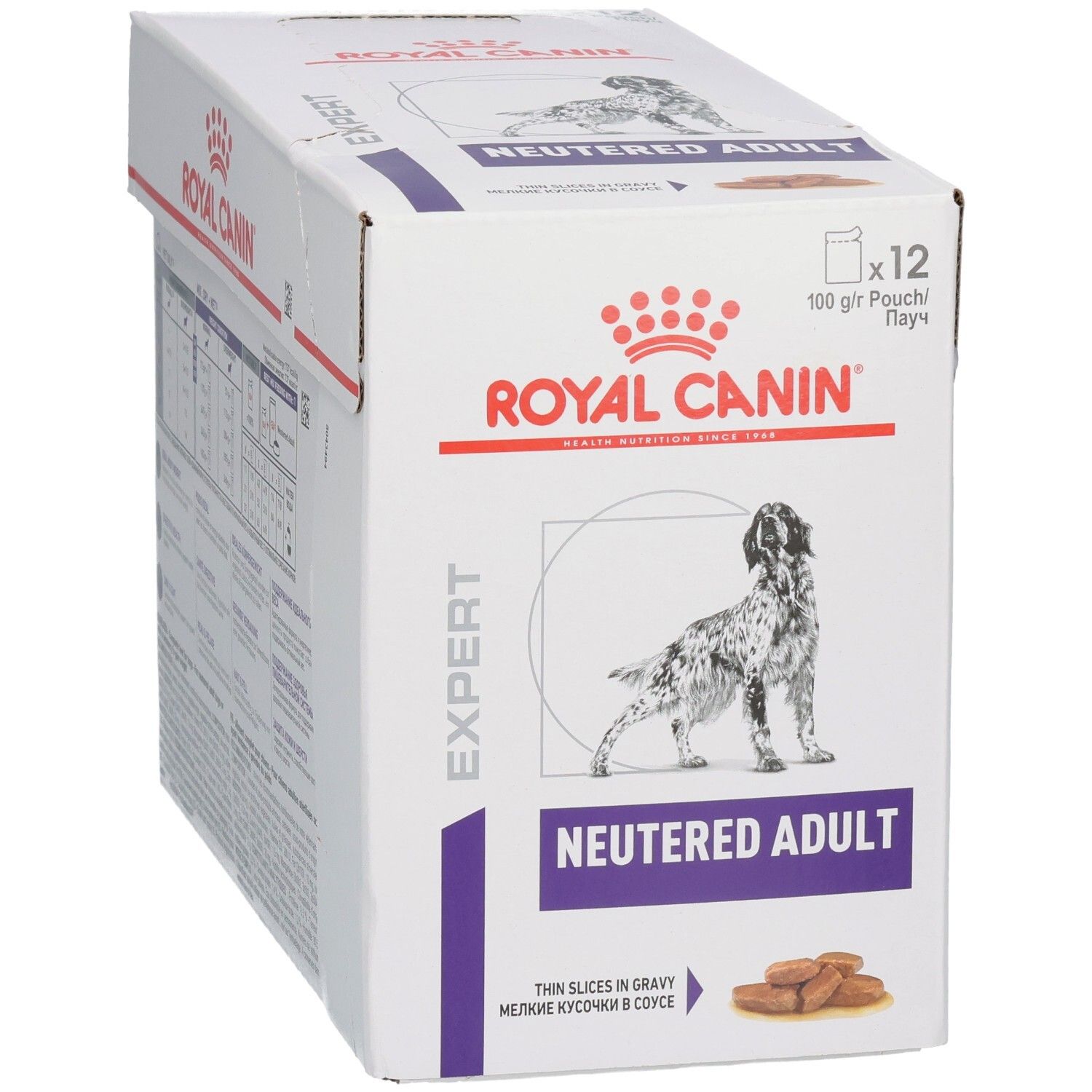 Vorderseite des Royal Canin Neutered Adult Kartons mit Hundebild und Produktinformationen.