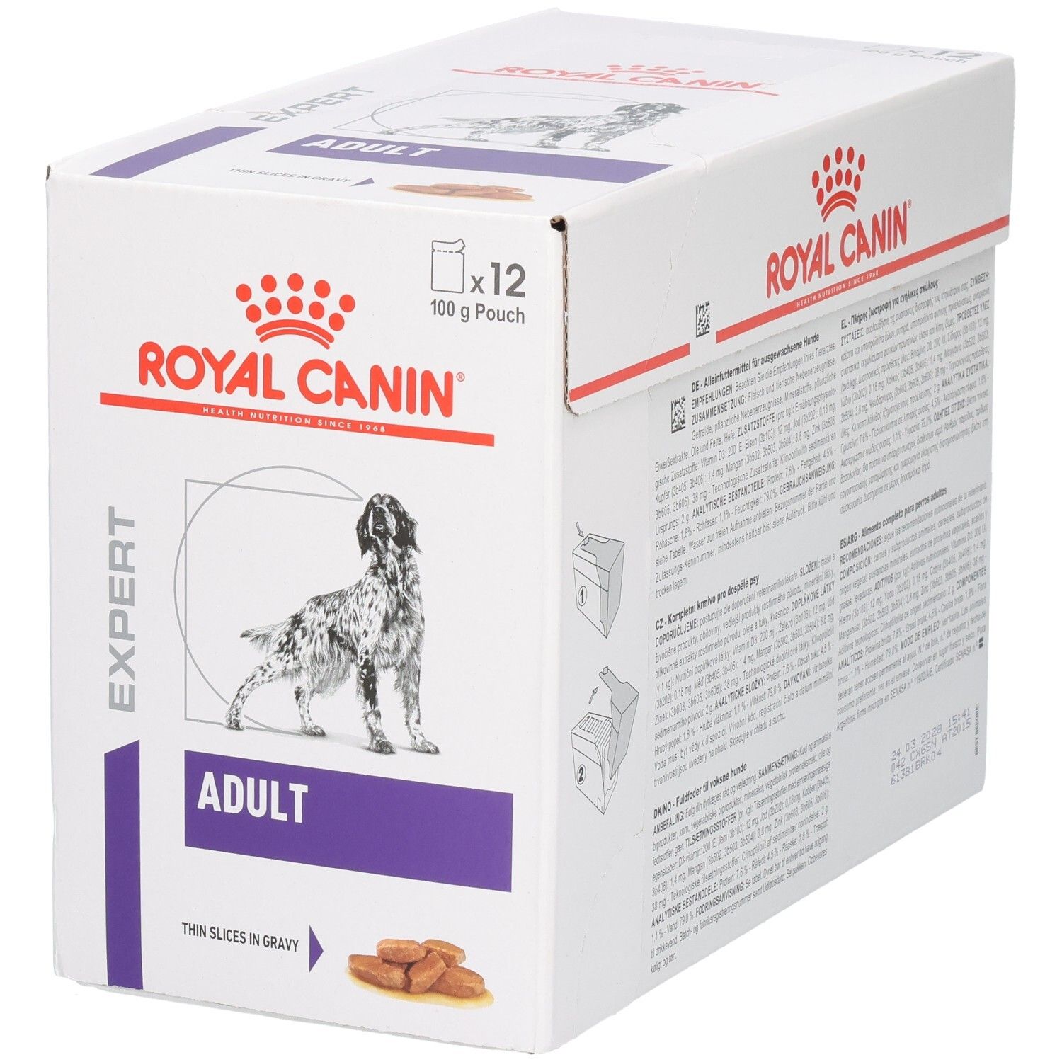 Royal Canin Expert Adult: 12x 100g Beutel, dünne Scheiben in Soße für Hunde.
