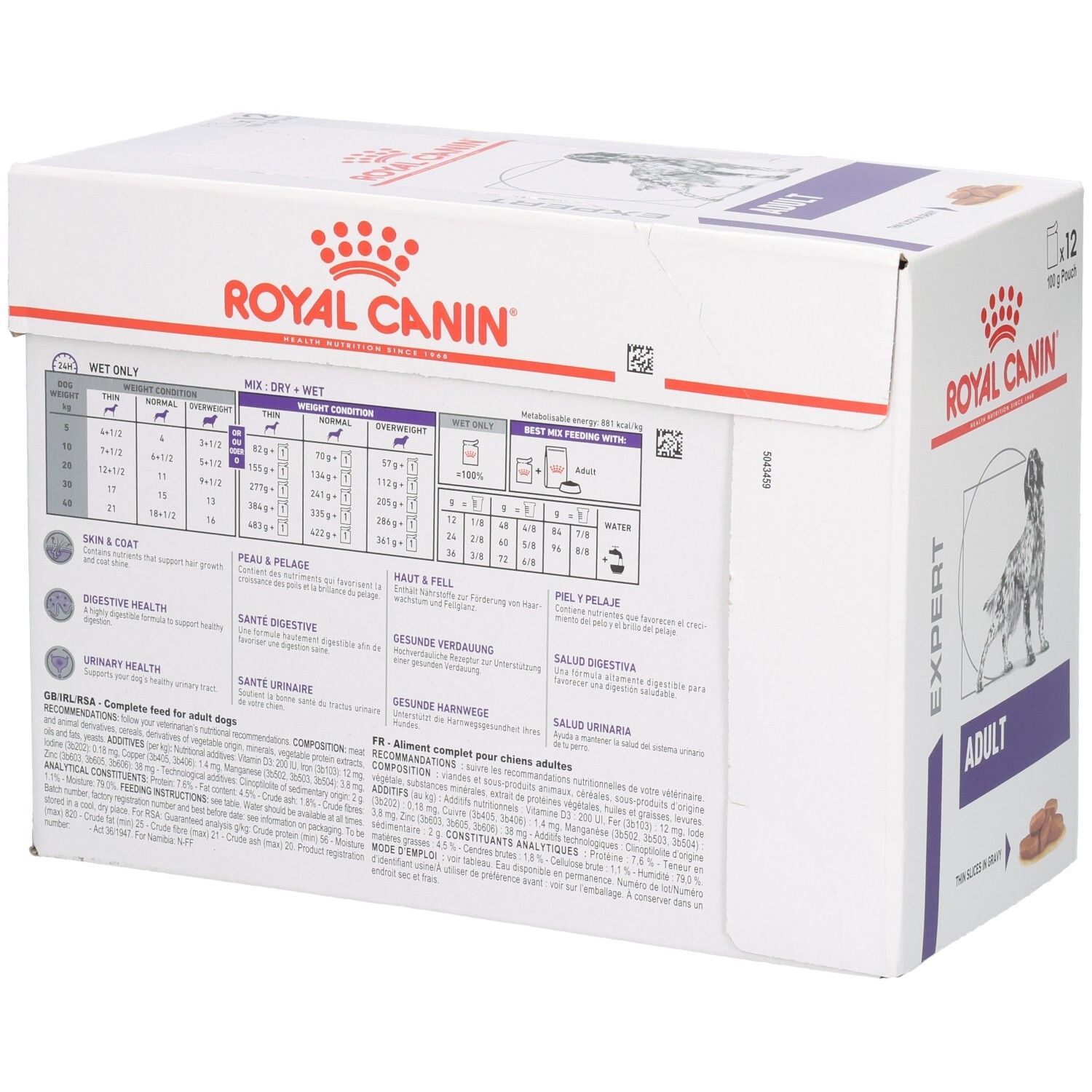 Royal Canin Expert Adult: Fütterungstabelle und Produktinformationen auf der Verpackung.