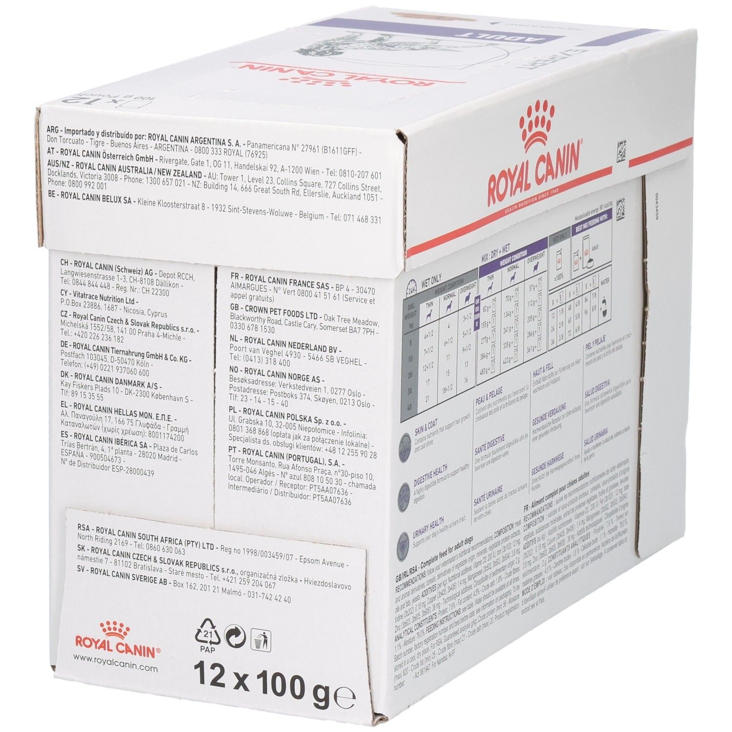 Royal Canin Expert Adult: Adress- und Kontaktinformationen verschiedener Länder auf der Verpackung.