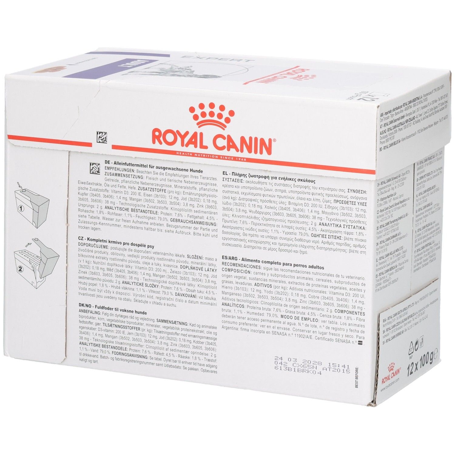 Royal Canin Expert Adult: Mehrsprachige Produktinformationen und Inhaltsstoffe auf der Verpackung.