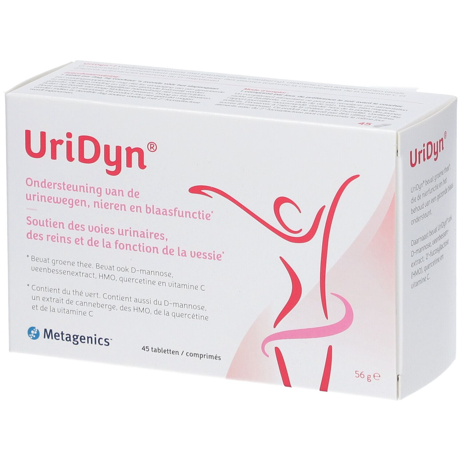 Weiße Schachtel mit UriDyn®-Logo und Abbildung einer Person. Text in Niederländisch und Französisch.