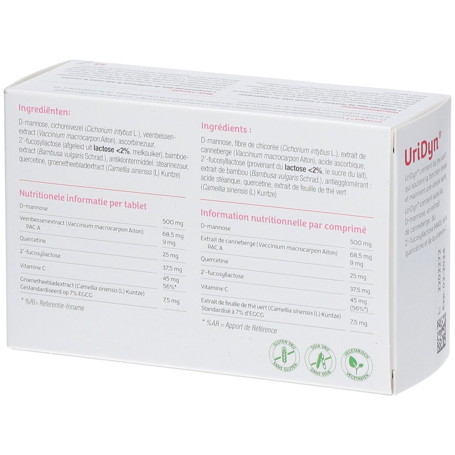 Weiße Schachtel mit UriDyn®-Logo. Auflistung der Inhaltsstoffe und Nährwertinformationen in Niederländisch und Französisch.