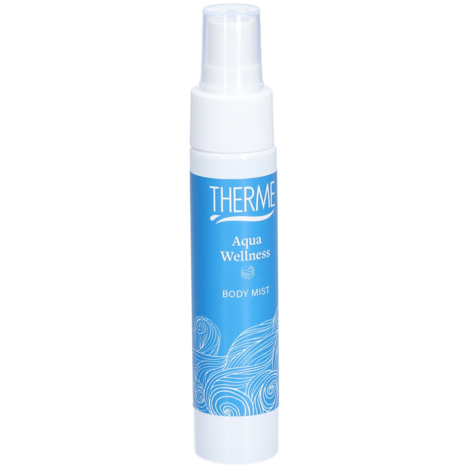 THERME Aqua Wellness Körperspray. Weiße Flasche mit blauem Etikett. Wellenmuster. Sprühkopf.