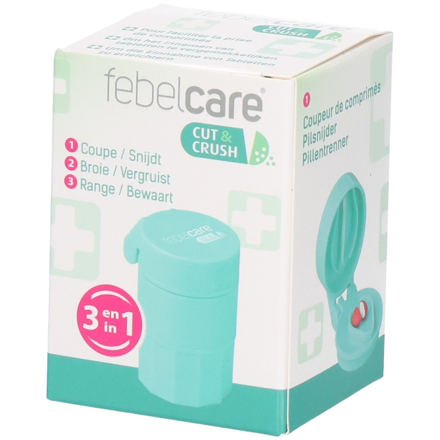 Verpackung von Febelcare Cut & Crush. Türkisfarbener Tablettenteiler und -zerkleinerer. 3-in-1-Funktion.