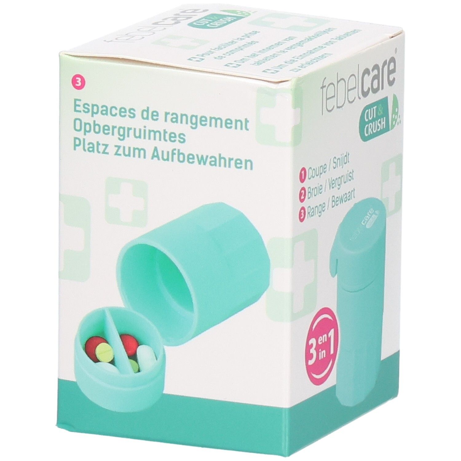 Verpackung von Febelcare Cut & Crush. Tablettenteiler und -zerkleinerer mit Aufbewahrungsfach. Türkis.