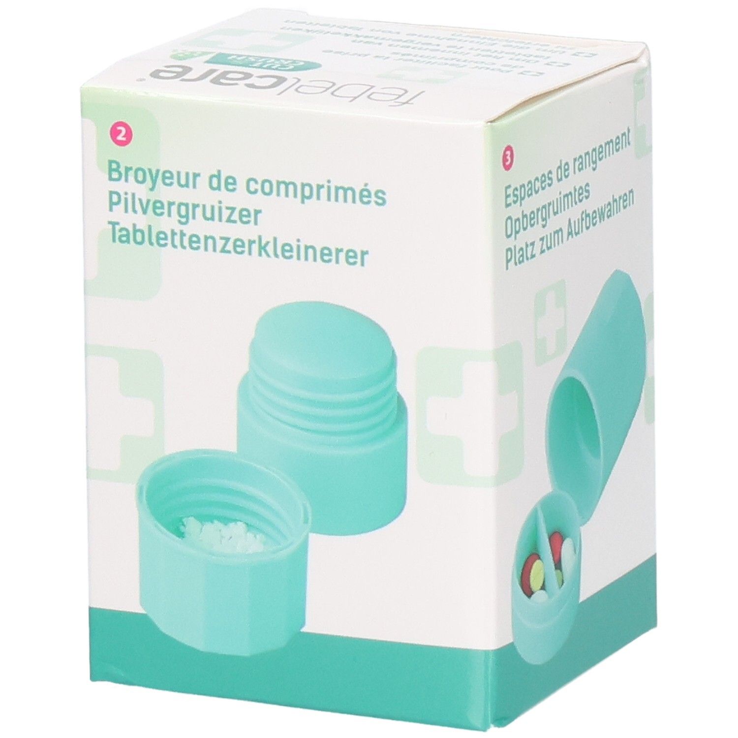 Verpackung von Febelcare Cut & Crush. Tablettenteiler und -zerkleinerer. Türkis. Zerkleinerte Tabletten sichtbar.